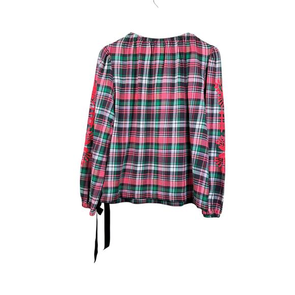 Ivy Jane Pink Green Plaid Floral Embroidered Stretchy Flowy Cotton Top - Picture 8 of 12